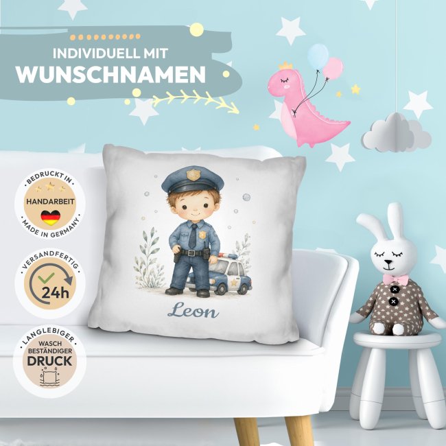 Personalisiertes Kissen f&uuml;r Kinder - mit Name - Polizist Junge - Wei&szlig;