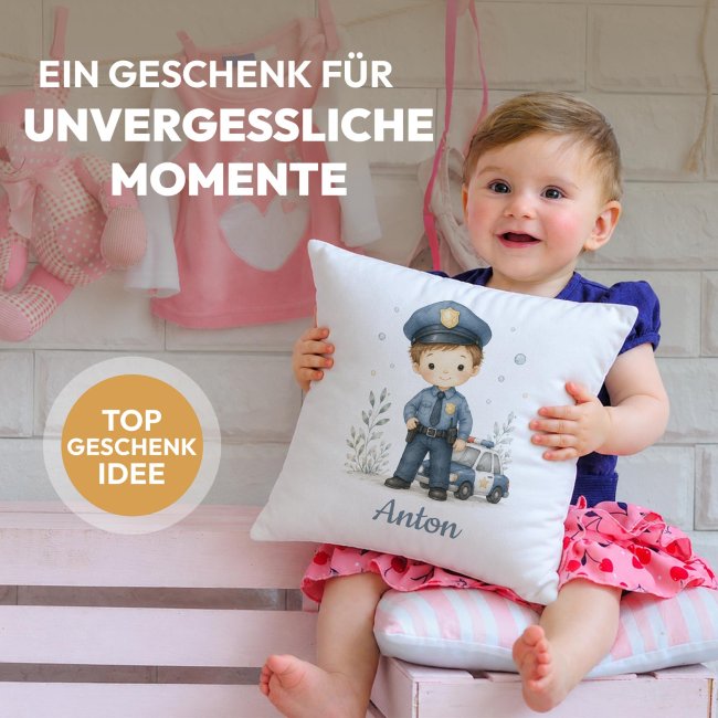 Personalisiertes Kissen f&uuml;r Kinder - mit Name - Polizist Junge - Wei&szlig;