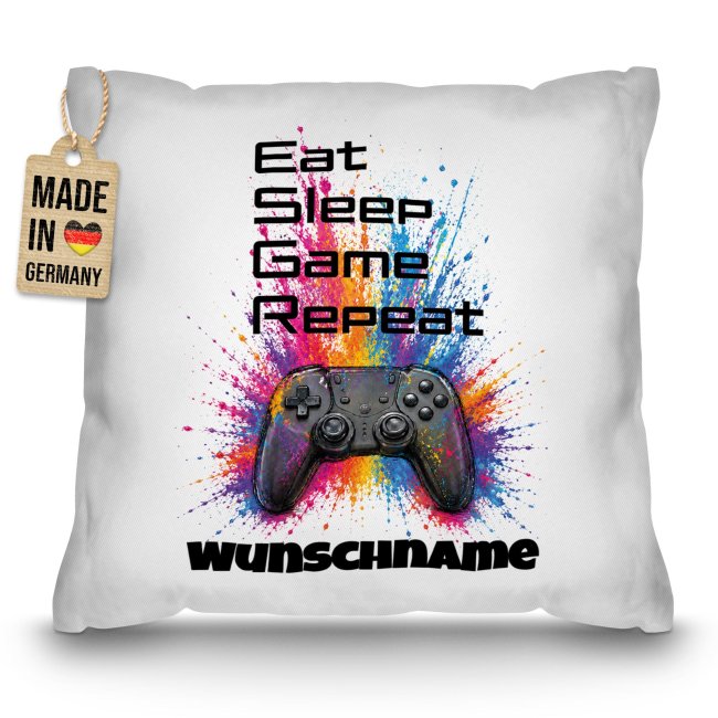 Personalisiertes Kissen f&uuml;r Kinder - Eat Sleep - mit Name - Wei&szlig;, 40 x 40 cm, inkl. F&uuml;llung