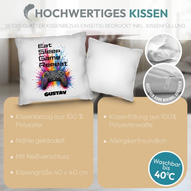 Personalisiertes Kissen f&uuml;r Kinder - Eat Sleep - mit Name - Wei&szlig;, 40 x 40 cm, inkl. F&uuml;llung
