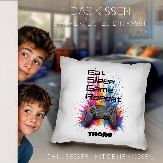 Personalisiertes Kissen f&uuml;r Kinder - Eat Sleep - mit Name - Wei&szlig;, 40 x 40 cm, inkl. F&uuml;llung