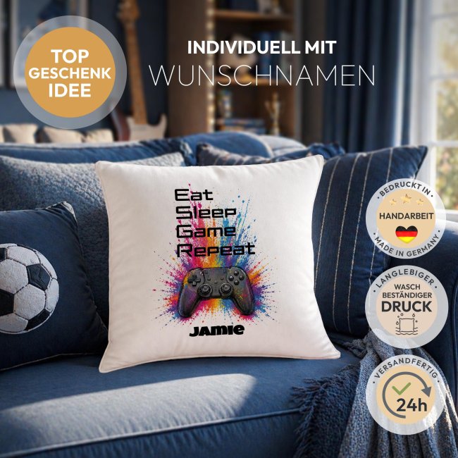 Personalisiertes Kissen f&uuml;r Kinder - Eat Sleep - mit Name - Wei&szlig;, 40 x 40 cm, inkl. F&uuml;llung
