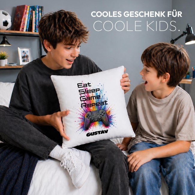 Personalisiertes Kissen f&uuml;r Kinder - Eat Sleep - mit Name - Wei&szlig;, 40 x 40 cm, inkl. F&uuml;llung