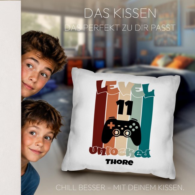 Personalisiertes Kissen f&uuml;r Kinder zum Geburtstag - Level unlocked - mit Name &amp; Zahl - Wei&szlig;, 40 x 40 cm, inkl. F&uuml;llung