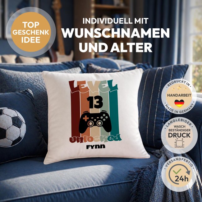 Personalisiertes Kissen f&uuml;r Kinder zum Geburtstag - Level unlocked - mit Name &amp; Zahl - Wei&szlig;, 40 x 40 cm, inkl. F&uuml;llung