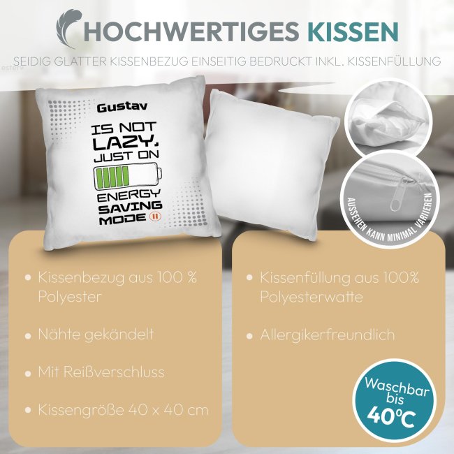 Personalisiertes Kissen f&uuml;r Kinder - Energy Saving - mit Name - Wei&szlig;, 40 x 40 cm, inkl. F&uuml;llung