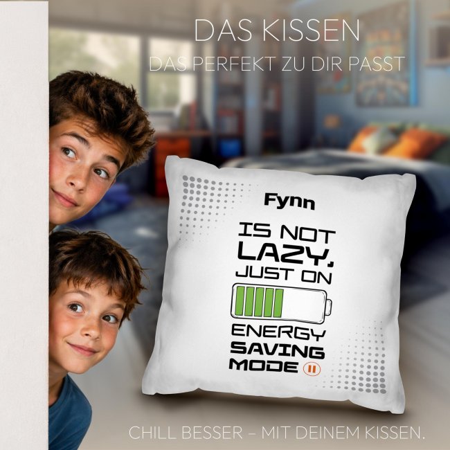 Personalisiertes Kissen f&uuml;r Kinder - Energy Saving - mit Name - Wei&szlig;, 40 x 40 cm, inkl. F&uuml;llung