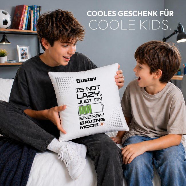 Personalisiertes Kissen f&uuml;r Kinder - Energy Saving - mit Name - Wei&szlig;, 40 x 40 cm, inkl. F&uuml;llung