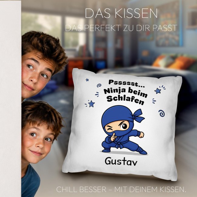 Personalisiertes Kissen f&uuml;r Kinder - Ninja Junge blau - mit Name - Wei&szlig;, 40 x 40 cm, inkl. F&uuml;llung