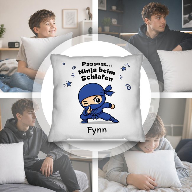 Personalisiertes Kissen f&uuml;r Kinder - Ninja Junge blau - mit Name - Wei&szlig;, 40 x 40 cm, inkl. F&uuml;llung