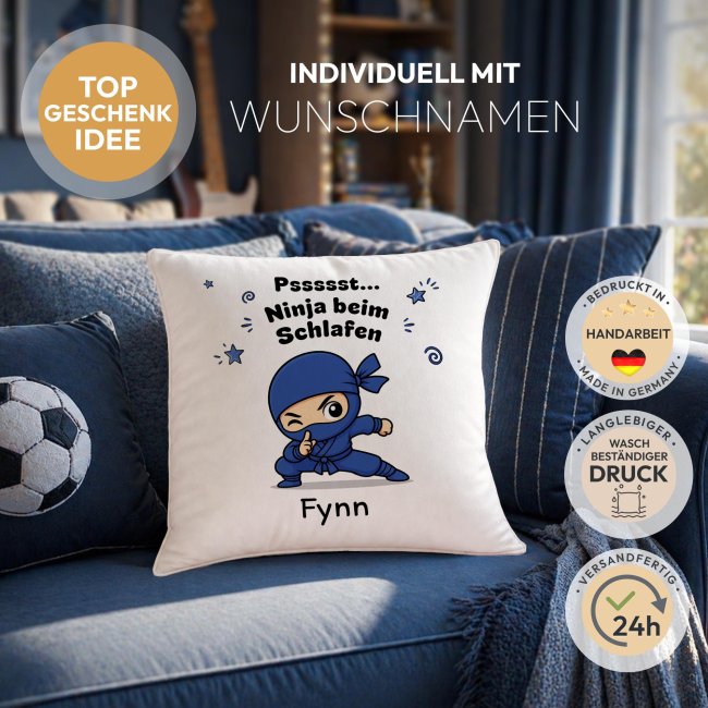 Personalisiertes Kissen f&uuml;r Kinder - Ninja Junge blau - mit Name - Wei&szlig;, 40 x 40 cm, inkl. F&uuml;llung