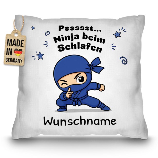 Personalisiertes Kissen f&uuml;r Kinder - Ninja Junge blau - mit Name - Wei&szlig;, 40 x 40 cm, inkl. F&uuml;llung