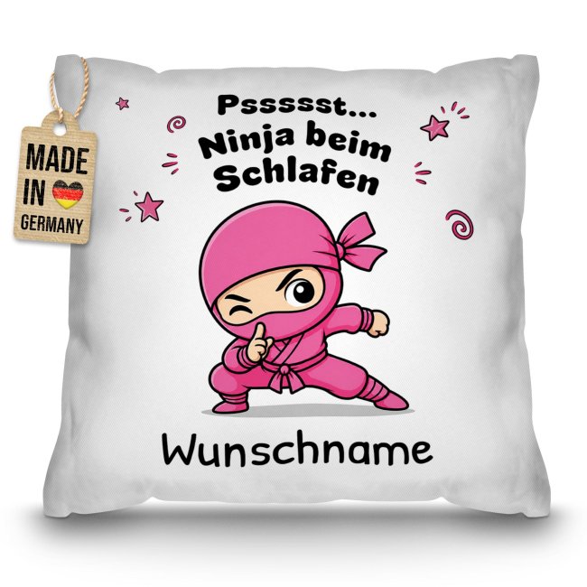 Personalisiertes Kissen f&uuml;r Kinder - Ninja M&auml;dchen pink - mit Name - Wei&szlig;, 40 x 40 cm, inkl. F&uuml;llung