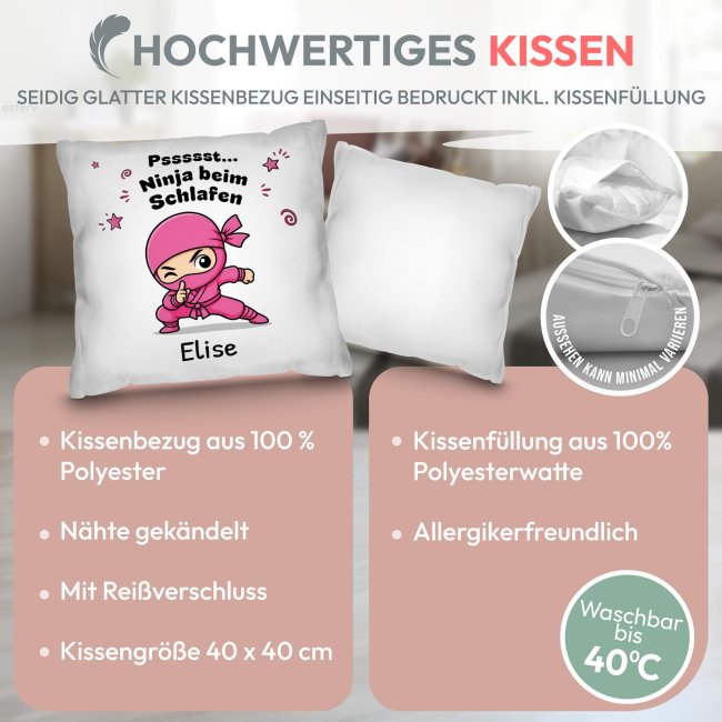 Personalisiertes Kissen f&uuml;r Kinder - Ninja M&auml;dchen pink - mit Name - Wei&szlig;, 40 x 40 cm, inkl. F&uuml;llung