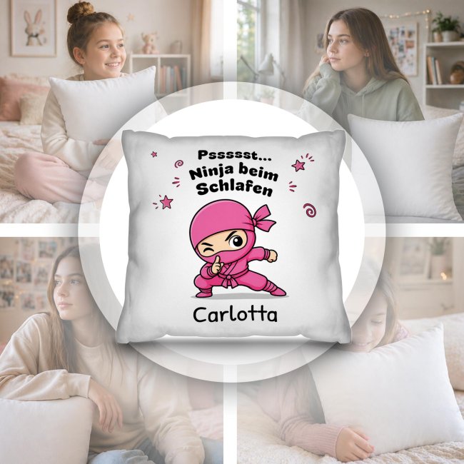 Personalisiertes Kissen f&uuml;r Kinder - Ninja M&auml;dchen pink - mit Name - Wei&szlig;, 40 x 40 cm, inkl. F&uuml;llung