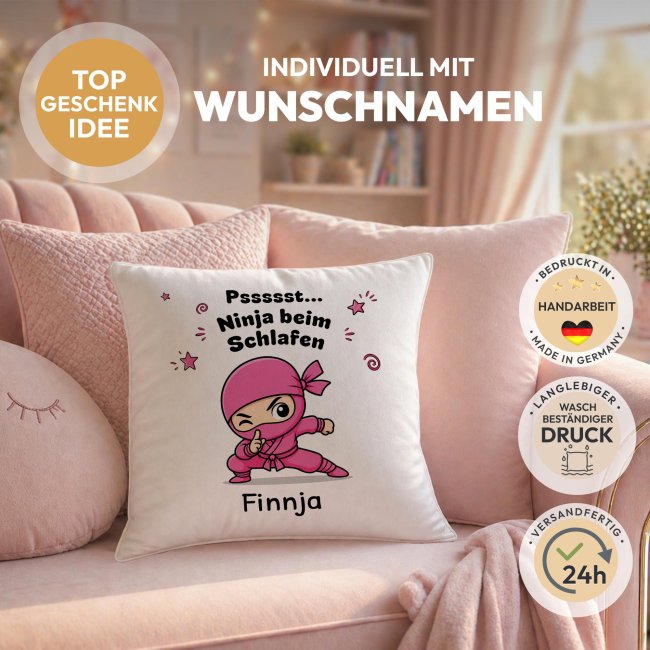 Personalisiertes Kissen f&uuml;r Kinder - Ninja M&auml;dchen pink - mit Name - Wei&szlig;, 40 x 40 cm, inkl. F&uuml;llung