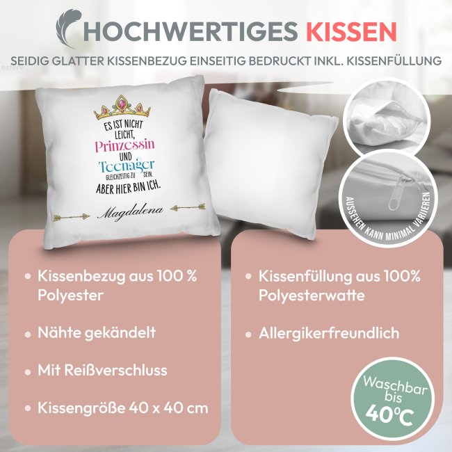 Personalisiertes Kissen f&uuml;r Kinder - Prinzessin - mit Name - Wei&szlig;, 40 x 40 cm, inkl. F&uuml;llung