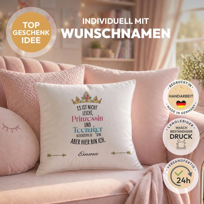 Personalisiertes Kissen f&uuml;r Kinder - Prinzessin - mit Name - Wei&szlig;, 40 x 40 cm, inkl. F&uuml;llung