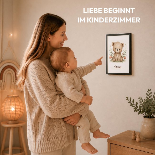 Fotodruck mit Bilderrahmen f&uuml;r Kinder - B&auml;r - mit Name