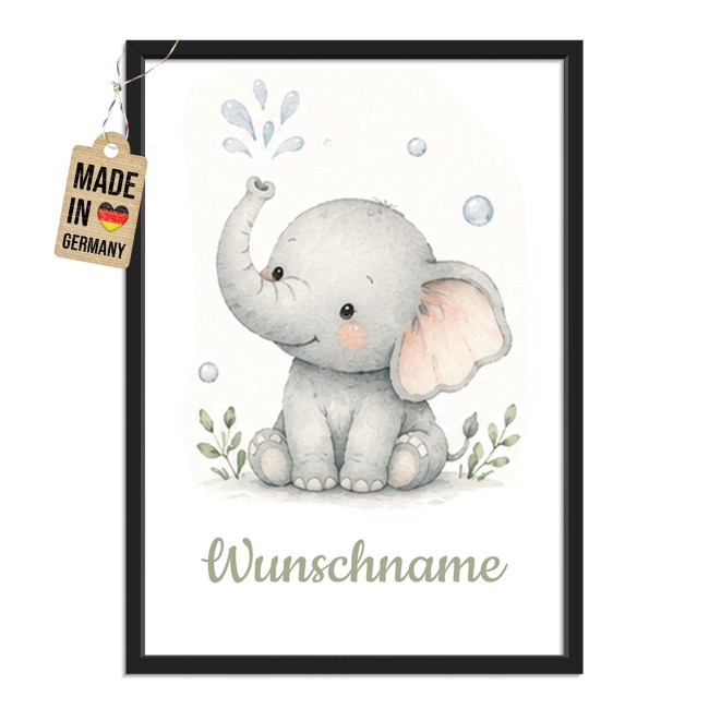 Fotodruck mit Bilderrahmen f&uuml;r Kinder - Elefant - mit Name