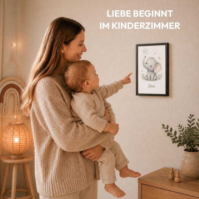 Fotodruck mit Bilderrahmen f&uuml;r Kinder - Elefant - mit Name
