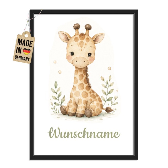 Fotodruck mit Bilderrahmen f&uuml;r Kinder - Giraffe - mit Name