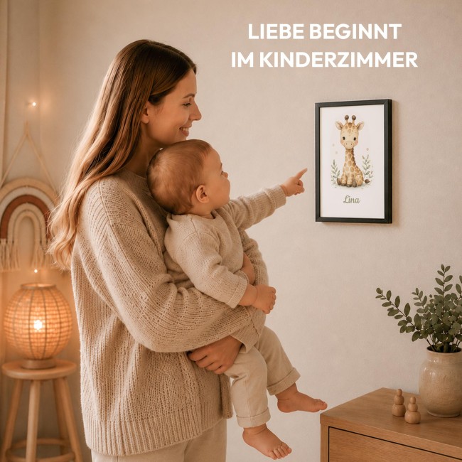 Fotodruck mit Bilderrahmen f&uuml;r Kinder - Giraffe - mit Name
