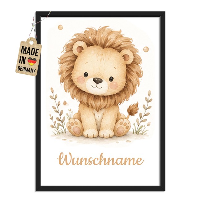 Fotodruck mit Bilderrahmen f&uuml;r Kinder - L&ouml;we - mit Name