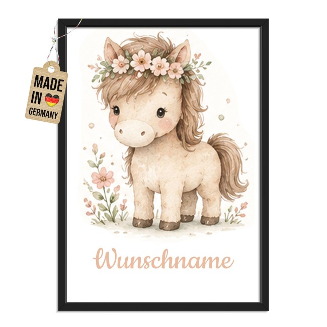 Fotodruck mit Bilderrahmen f&uuml;r Kinder - Pony - mit Name