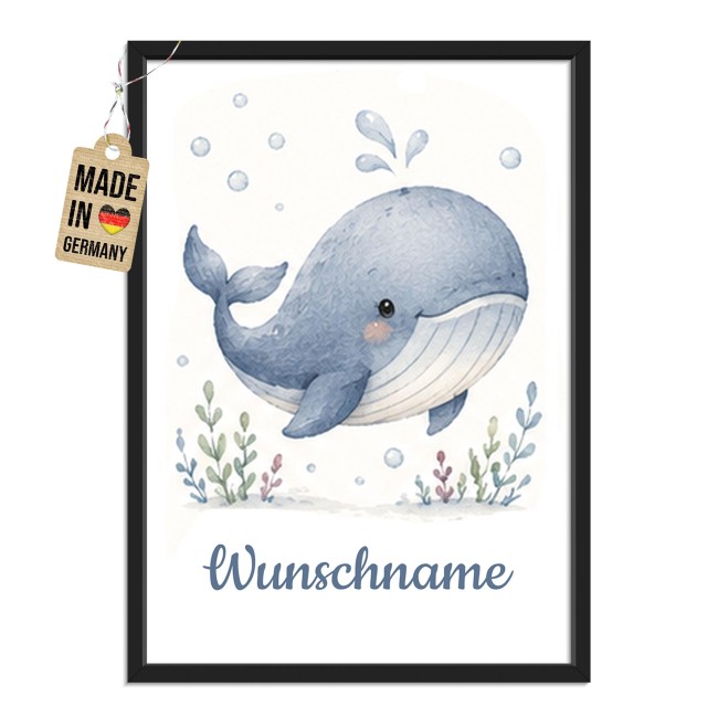 Fotodruck mit Bilderrahmen f&uuml;r Kinder - Wal - mit Name