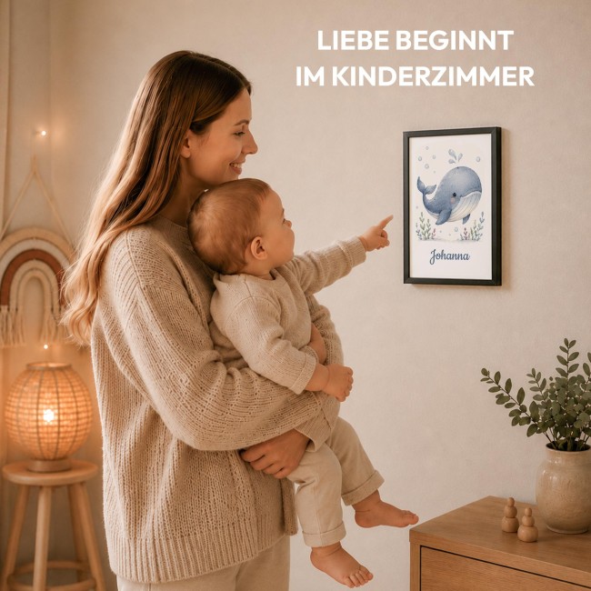 Fotodruck mit Bilderrahmen f&uuml;r Kinder - Wal - mit Name