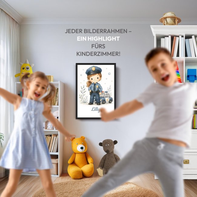 Fotodruck mit Bilderrahmen f&uuml;r Kinder - Cop Girl - mit Name