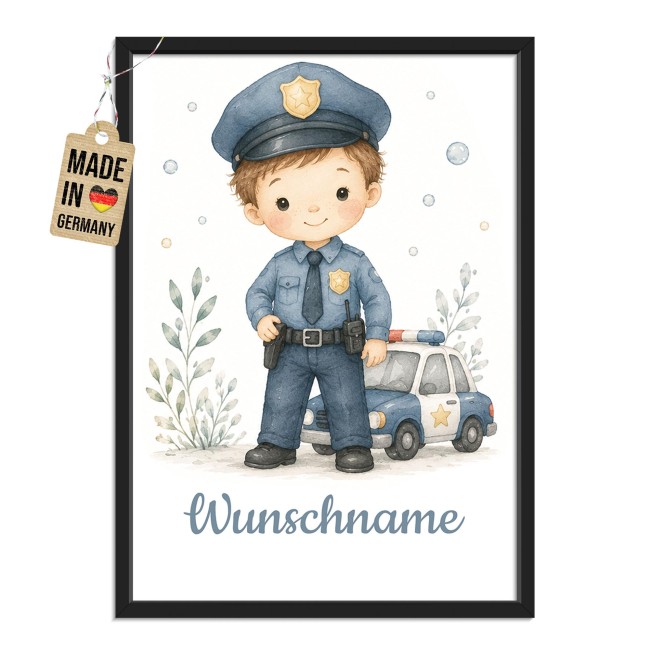 Fotodruck mit Bilderrahmen f&uuml;r Kinder - Cop Boy - mit Name