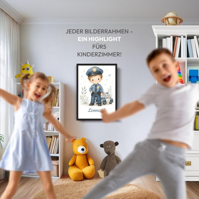Fotodruck mit Bilderrahmen f&uuml;r Kinder - Cop Boy - mit Name