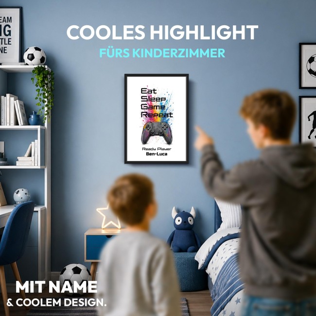 Fotodruck mit Bilderrahmen f&uuml;r Kinder - Eat Sleep - mit Name
