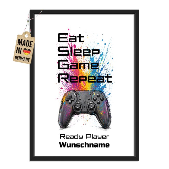 Fotodruck mit Bilderrahmen f&uuml;r Kinder - Eat Sleep - mit Name