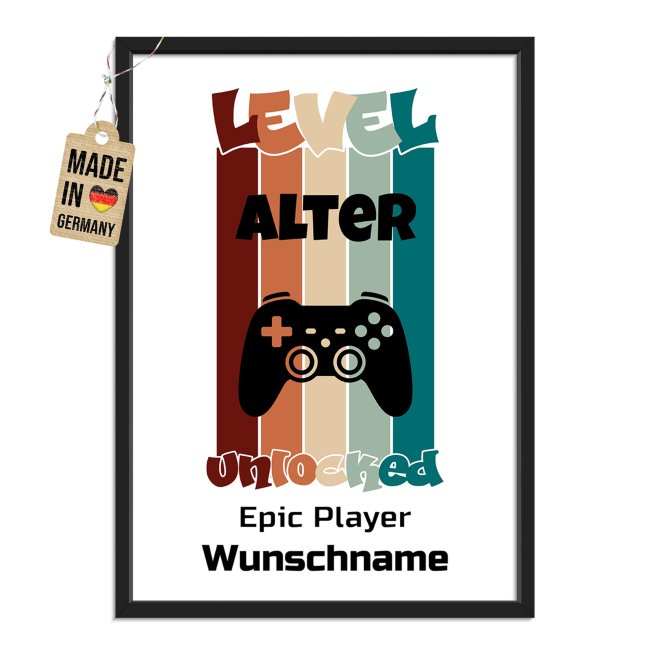 Fotodruck mit Bilderrahmen f&uuml;r Kinder - Level unlocked - mit Name &amp; Zahl