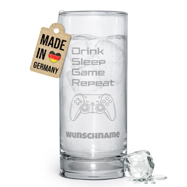 Personalisiertes Trinkglas f&uuml;r Kinder mit Gravur - Drink Sleep Game Repeat - mit Name - 400 ml