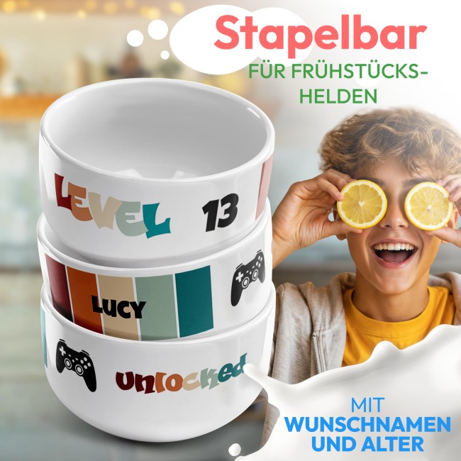 M&uuml;slisch&uuml;ssel mit Motiv - Level Unlocked Retro - mit Name &amp; Alter - Geschenk f&uuml;r Gamer
