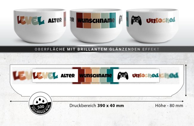 M&uuml;slisch&uuml;ssel mit Motiv - Level Unlocked Retro - mit Name &amp; Alter - Geschenk f&uuml;r Gamer
