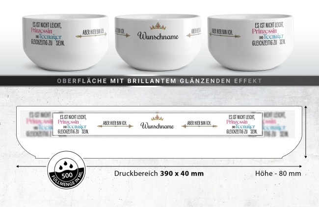 M&uuml;slisch&uuml;ssel mit Motiv - Prinzessin Teenager - mit Name - Geschenk f&uuml;r M&auml;dchen