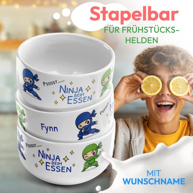 M&uuml;slisch&uuml;ssel mit Motiv - Ninja Blau Gr&uuml;n - mit Name - Geschenk f&uuml;r Jungen