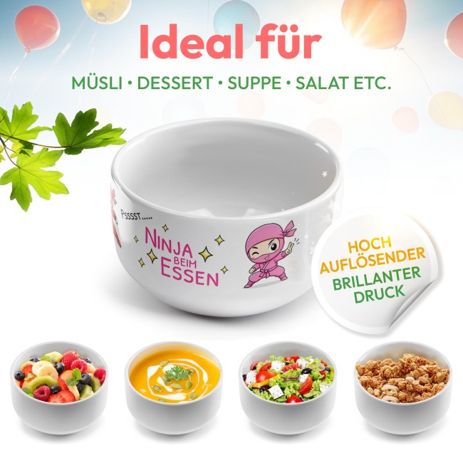 M&uuml;slisch&uuml;ssel mit Motiv - Ninja Pink Rot - mit Name - Geschenk f&uuml;r M&auml;dchen