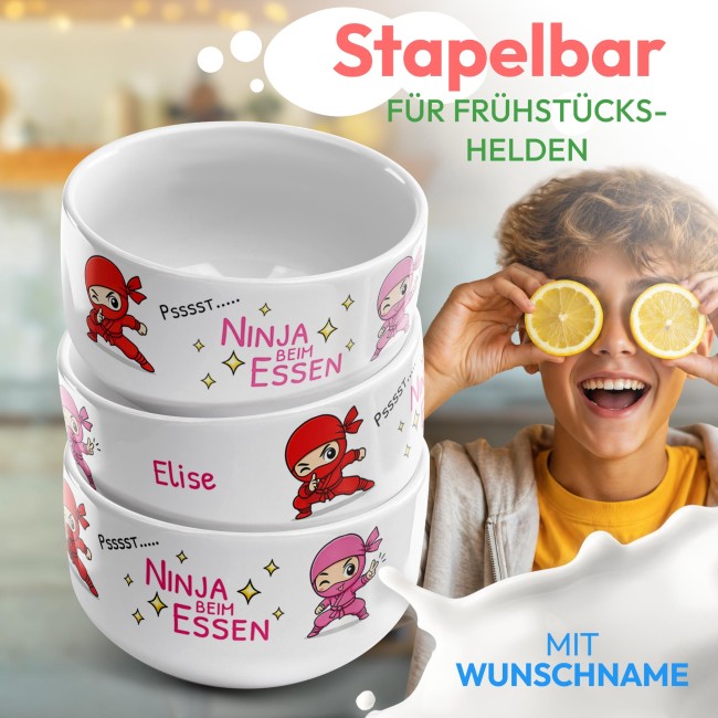 M&uuml;slisch&uuml;ssel mit Motiv - Ninja Pink Rot - mit Name - Geschenk f&uuml;r M&auml;dchen