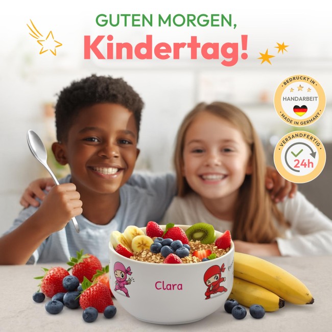 M&uuml;slisch&uuml;ssel mit Motiv - Ninja Pink Rot - mit Name - Geschenk f&uuml;r M&auml;dchen