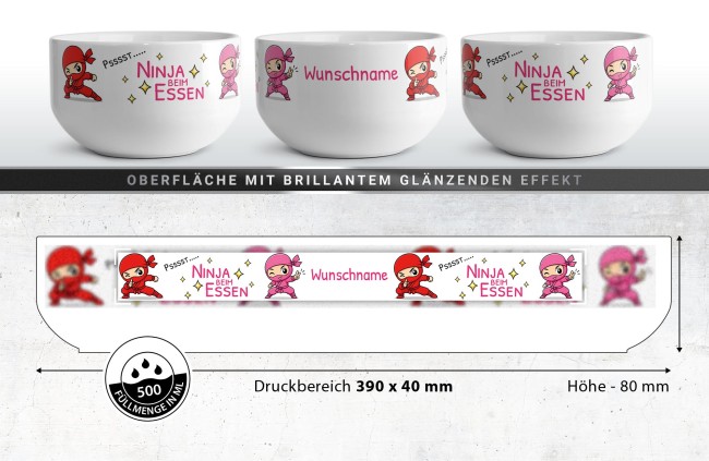 M&uuml;slisch&uuml;ssel mit Motiv - Ninja Pink Rot - mit Name - Geschenk f&uuml;r M&auml;dchen