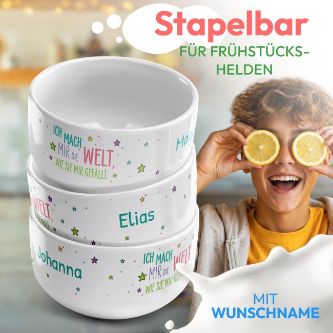 M&uuml;slisch&uuml;ssel mit Motiv - Mach mir die Welt - mit Name - Geschenk f&uuml;r M&auml;dchen