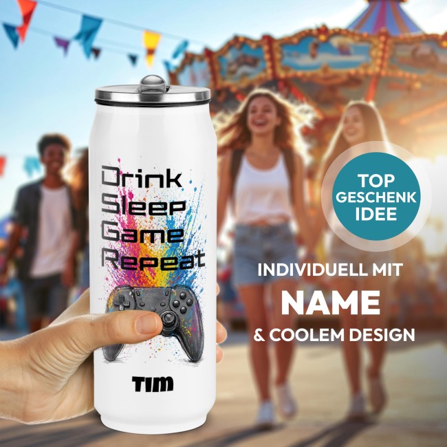 Cola-Dose - Drink Sleep Game Repeat - mit Name - Wei&szlig; 420 ml