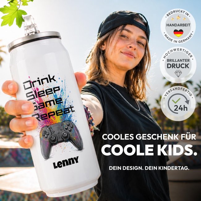 Cola-Dose - Drink Sleep Game Repeat - mit Name - Wei&szlig; 420 ml