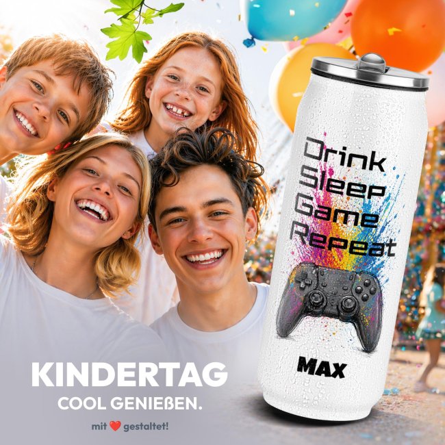 Cola-Dose - Drink Sleep Game Repeat - mit Name - Wei&szlig; 420 ml
